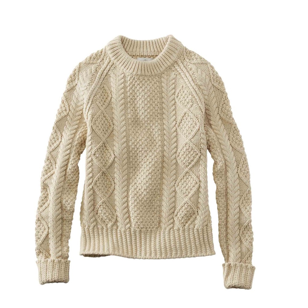 L.L. Bean Signature Women's Cotton Fisherman Sweater Cream Chunky Knit 297466 XS